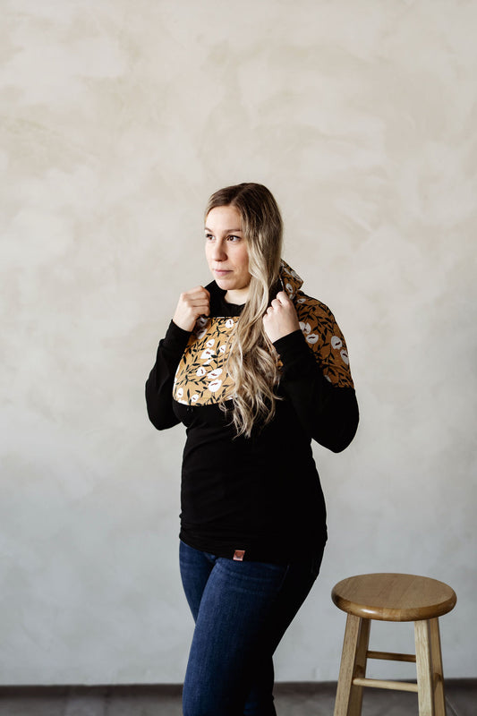 Women's 3 in 1 hoodie black white flower maternity, nursing and postpartum Nine Clothing hoodie