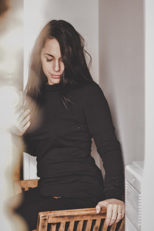 Hoodie de maternité et d'allaitement NOIR en coton biologique 3 en 1