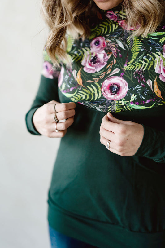 Chandail à capuchon femme 3 en 1 vert fleur buttercup maternité allaitement postpartum Nine Clothing