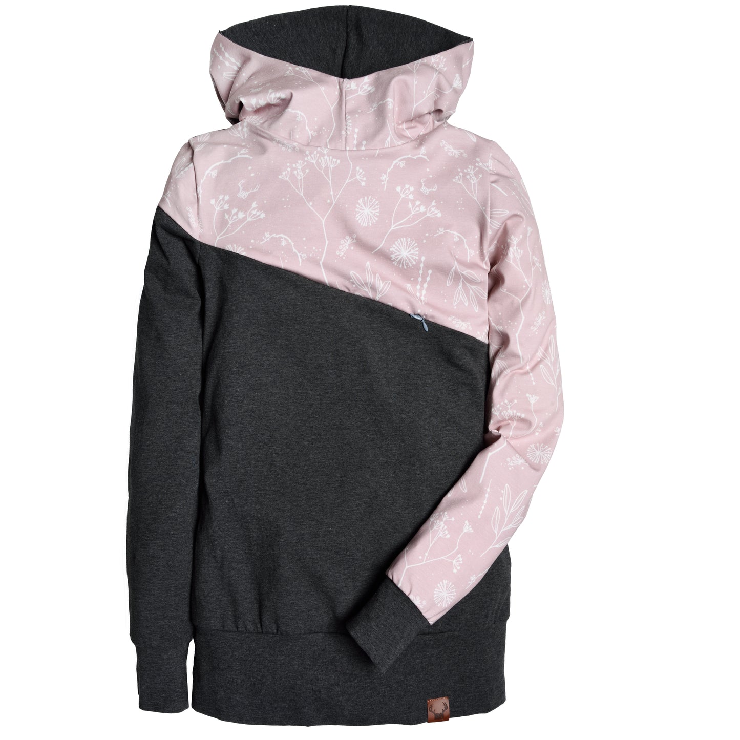 Chandail à capuchon femme 3 en 1 gris fleur crème maternité, allaitement et postpartum Nine Clothing hoodie women gray cream flower 3 in 1 maternity, breastfeeding and postpartum