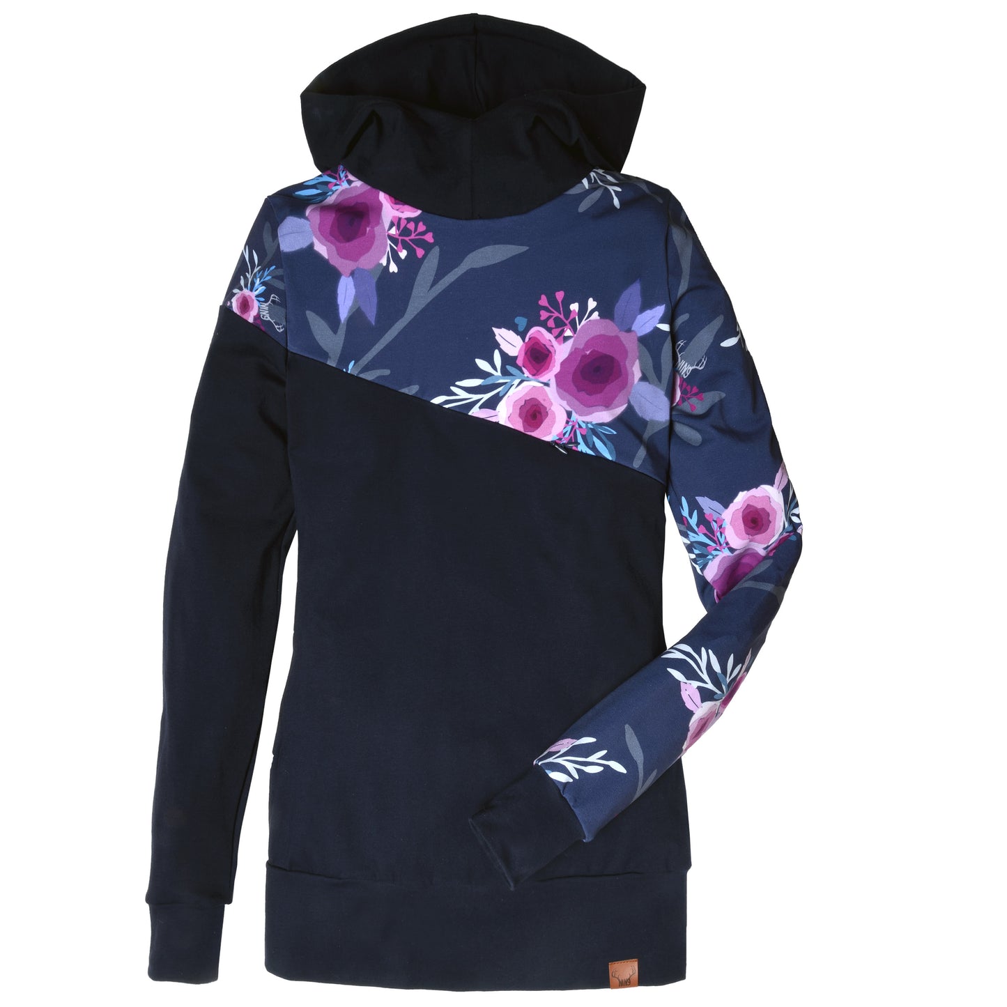 Chandail à capuchon femme 3 en 1 marine fleur mauve maternité, allaitement et postpartum Nine Clothing hoodie women navy purple flower 3 in 1 maternity, breastfeeding and postpartum