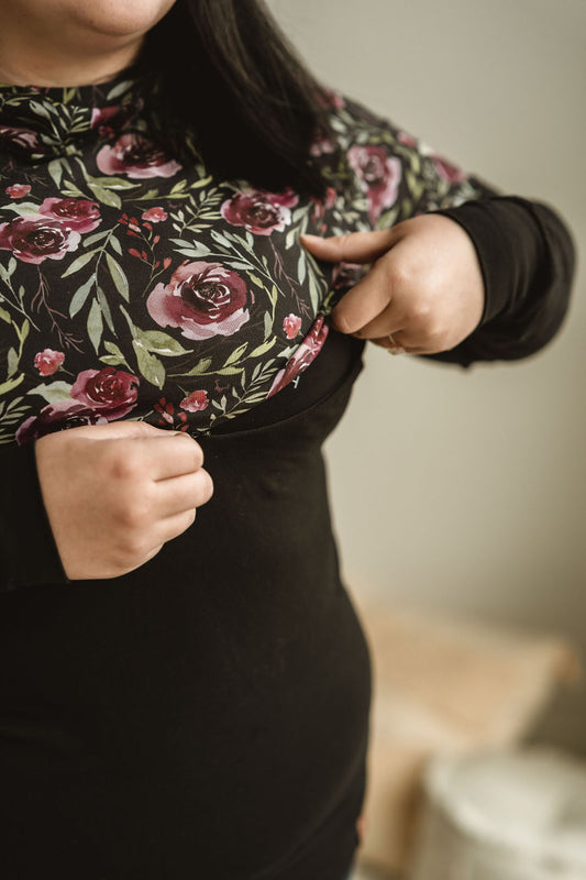 Ouverture fermeture éclair sein Chandail à capuchon femme 3 en 1 noir fleur bourgogne maternité, allaitement et postpartum Nine Clothing hoodie women black burgundy flower 3 in 1 maternity, breastfeeding and postpartum