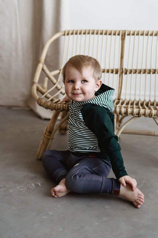 Hoodie évolutif enfant rayé vert et blanc à capuchon Nine Clothing Grow with me hoodie kid green and white striped