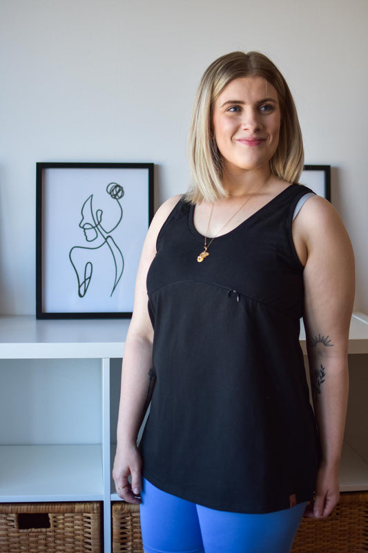 Camisole boyfriend noire 3 en 1 maternité, allaitement et post-partum Nine Clothing black tank top maternity breastfeeding postpartum