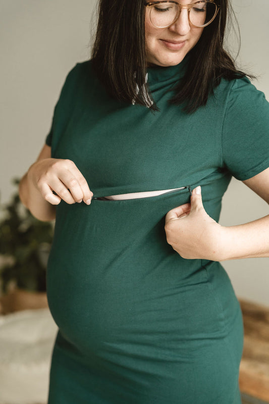 Ouverture accès allaitement Robe à capuchon vert bleu sarcelle 3 en 1 maternité. allaitement et post partum Nine Clothing