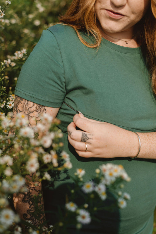 robe vert cactus 3 en 1 maternité, allaitement et postpartum Nine Clothing