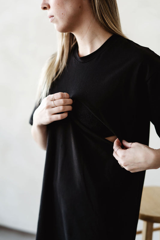 Accès allaitement Robe t-shirt noir 3 en 1 maternité, allaitement et post partum Nine Clothing
