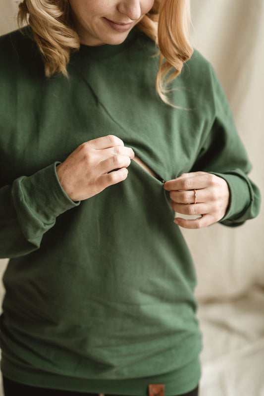 Ouverture allaitement Sweater boyfriend vert cactus 3 en 1 maternité, allaitement et postpartum Nine Clothing