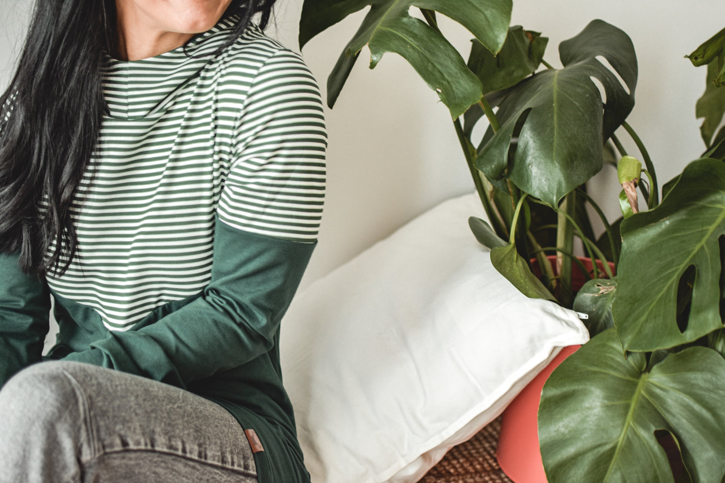 Chandail à capuchon femme 3 en 1 rayé vert maternité, allaitement et postpartum Nine Clothing 