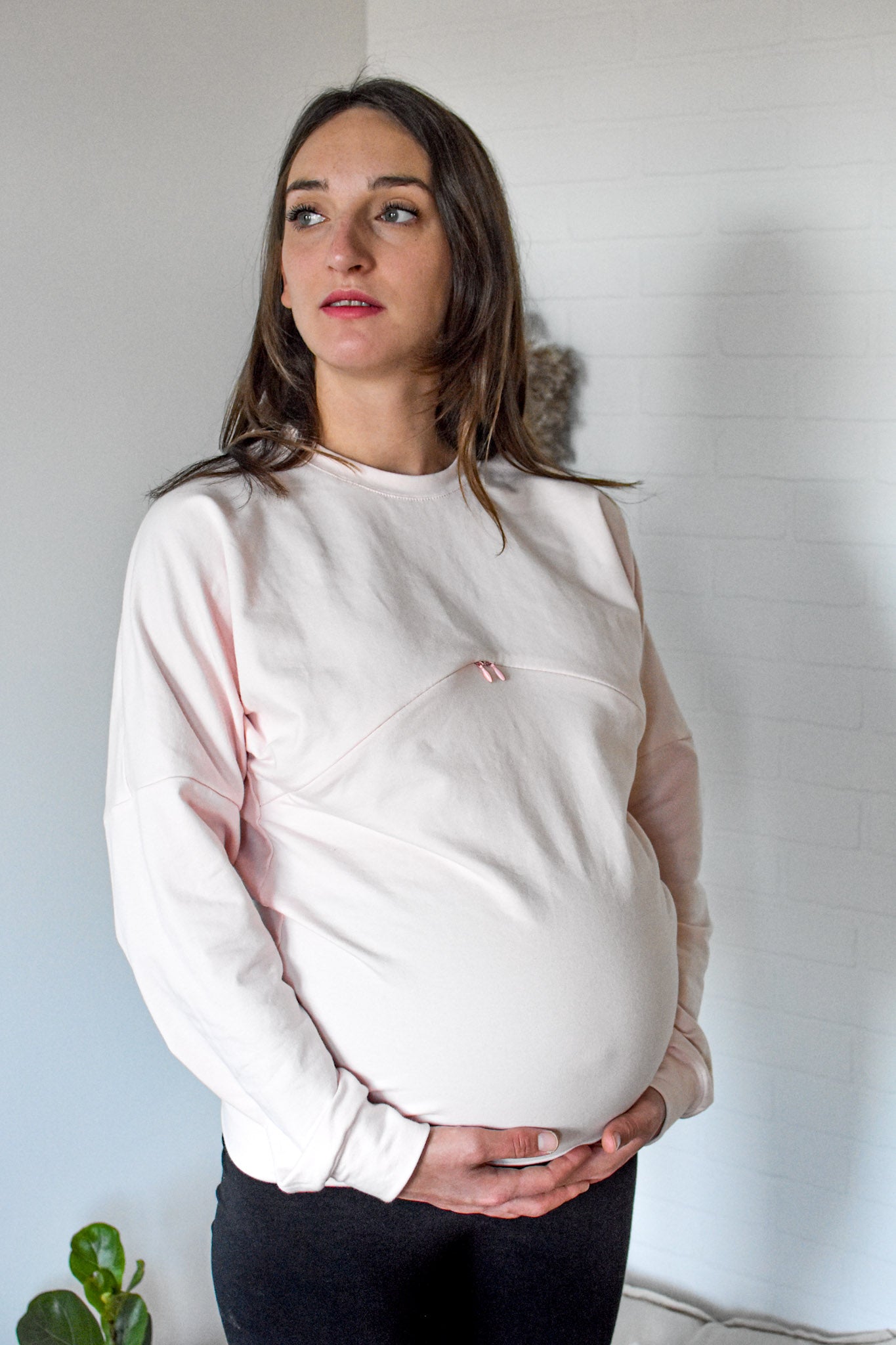 Femme enceinte Sweater boyfriend rose 3 en 1 maternité, allaitement et postpartum Nine Clothing