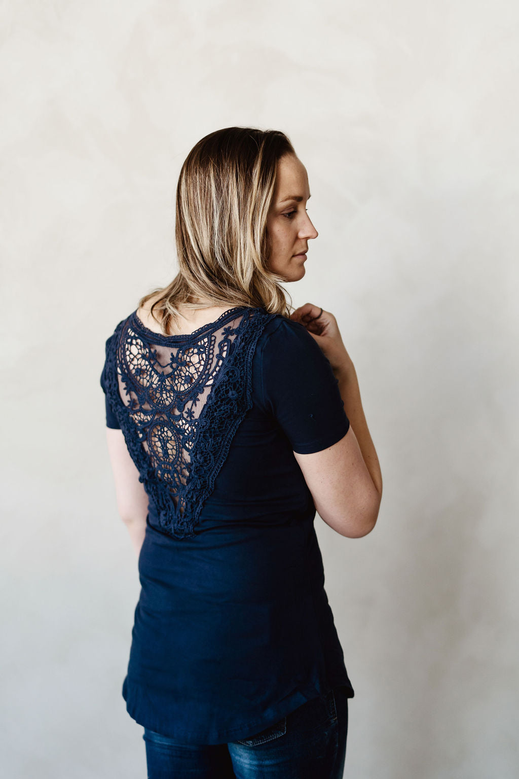 Lace back T-shirt navy reversible 3 in 1 maternity, nursing and postpartum Koallac