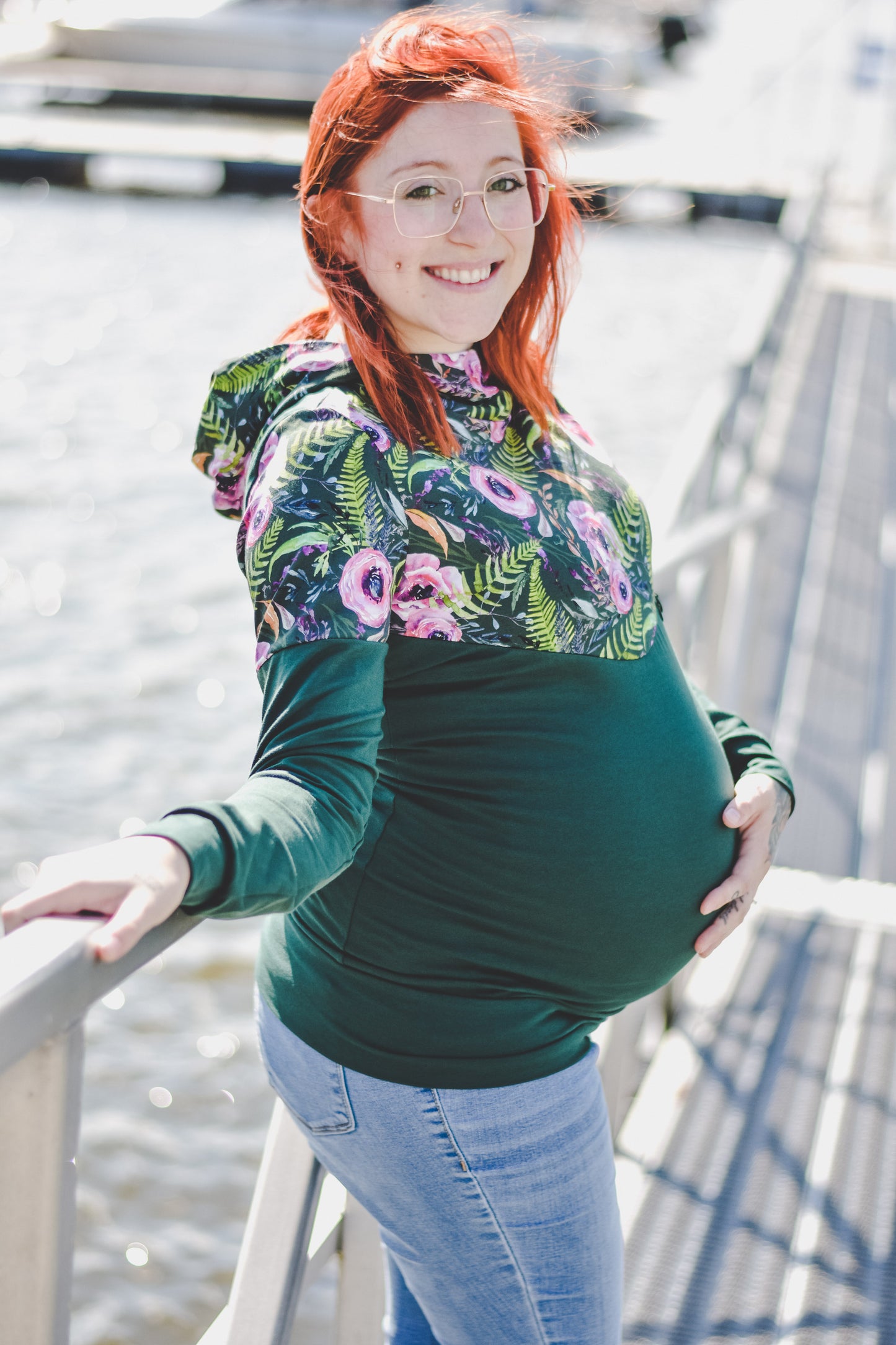 Chandail à capuchon femme 3 en 1 vert fleur buttercup maternité allaitement postpartum Nine Clothing