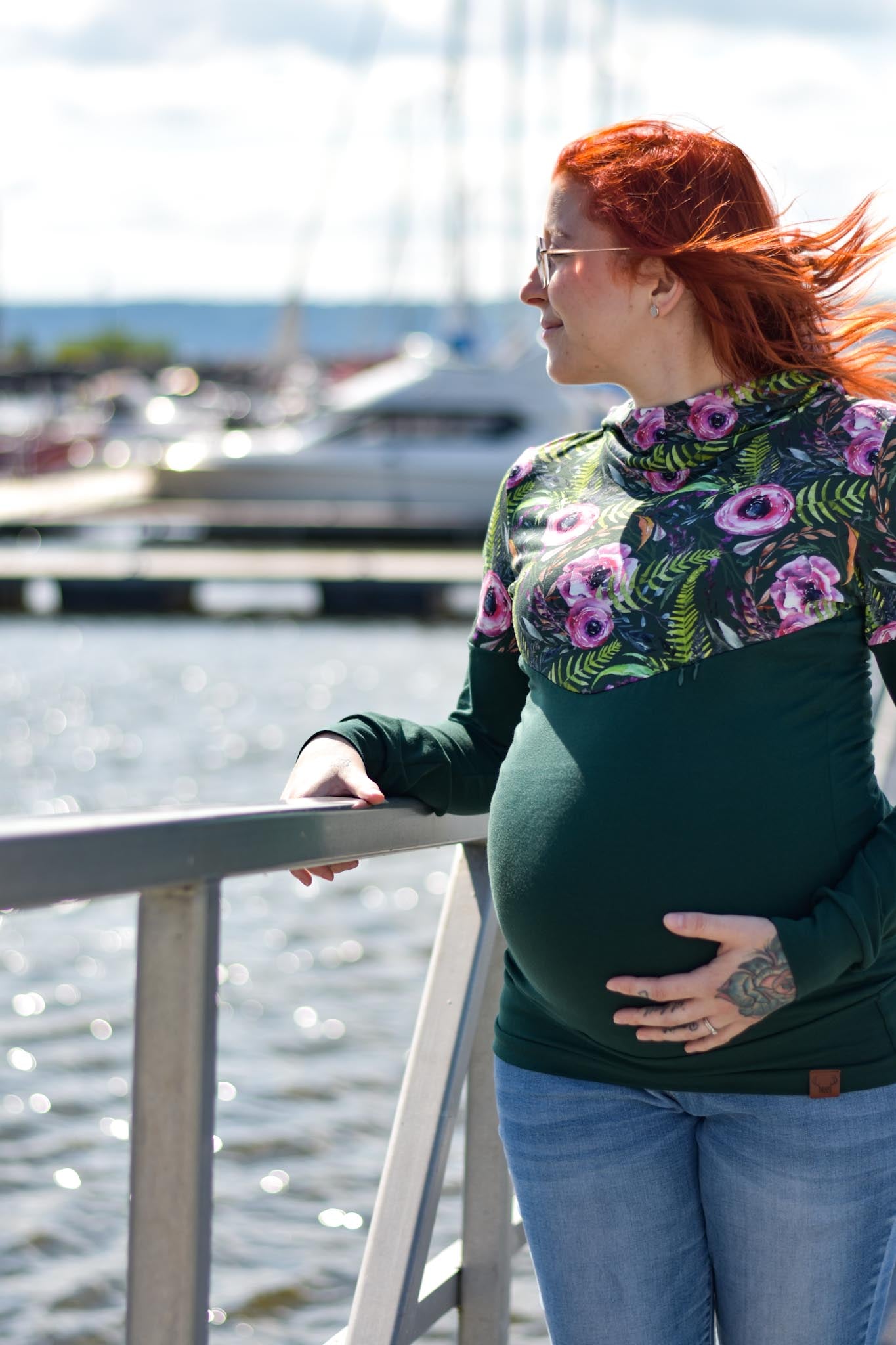 Femme enceinte Chandail à capuchon femme 3 en 1 vert fleur buttercup maternité allaitement postpartum Nine Clothing