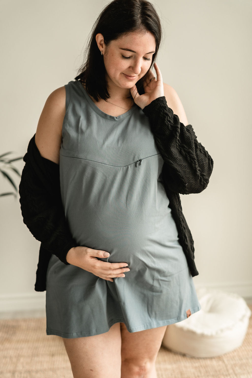 GRIS CHINÉ - robe à capuchon maternité, allaitement, postpartum
