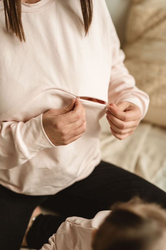 Accès alalitement fermeture éclair Sweater boyfriend rose 3 en 1 maternité, allaitement et postpartum Nine Clothing