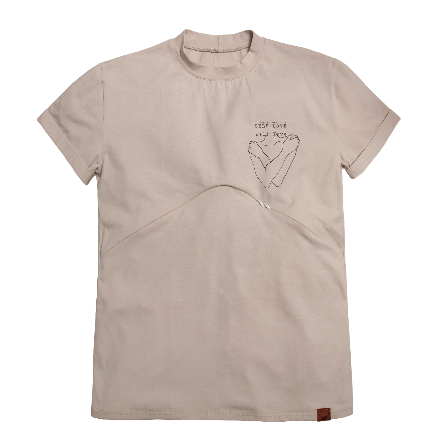 T-shirt imprimé selflove couleur sable, coupe boyfriend 3 en 1 maternité, allaitement et postpartum Nine Clothing